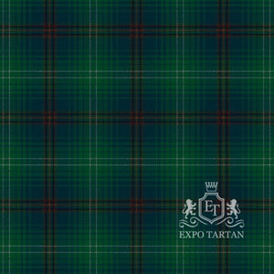Men's Queensferry District Ancient Swatch showing a deep forest green and navy blue sett intersected by red bands and a fine white overcheck