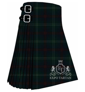 Men's Queensferry District Tartan Kilt showing traditional knife pleats in a deep forest green and midnight navy blue sett, intersected by dark red bands and a fine light-colored overcheck