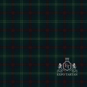 Men's Queensferry District Tartan Swatch showing a deep forest green and midnight navy blue sett, intersected by dark red bands and a fine light-colored overcheck