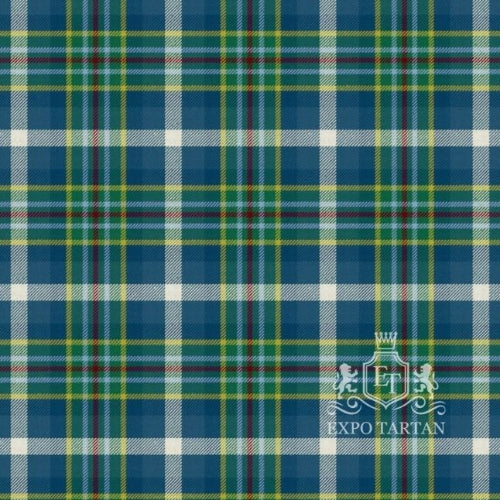 Men's Queensland District Ancient Tartan Swatch showing a royal blue and green sett, intersected by bold white lines, golden-yellow accents, and a fine crimson overcheck