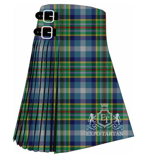Men's Queensland District Tartan Kilt showing traditional knife pleats in a royal blue and green sett, intersected by bold white lines, golden-yellow accents, and a fine crimson overcheck