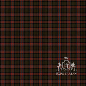 Men's Rangeley Tartan Swatch showing a deep olive green and black sett, intersected by muted rust-red bands and a fine greyish-blue overcheck