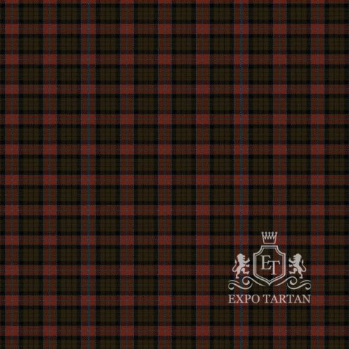Men's Rangeley Tartan Swatch showing a deep olive green and black sett, intersected by muted rust-red bands and a fine greyish-blue overcheck