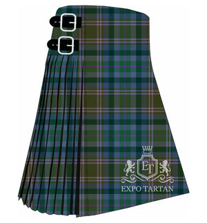Custom Rannoch Summer Tartan Kilt featuring an olive, slate blue, dark green, and bright purple plaid pattern by Expo Tartan