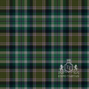 Men's Rannoch Winter Tartan Swatch showing an earthy olive and slate grey sett, intersected by dark green bands and a fine pale lilac overcheck