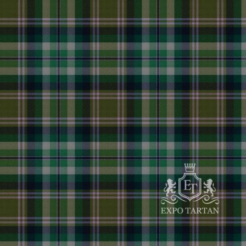 Men's Rannoch Winter Tartan Swatch showing an earthy olive and slate grey sett, intersected by dark green bands and a fine pale lilac overcheck