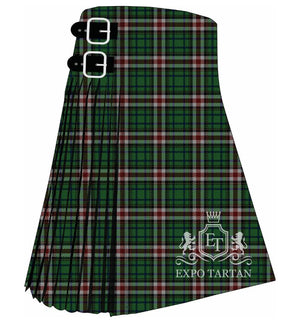 Custom Red Deer City Tartan Kilt featuring a dark green, black, red, and white plaid pattern by Expo Tartan