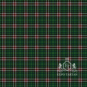Men's Red Deer City Tartan Swatch showing a deep green and black sett, vividly intersected by red bands bordered with fine white lines