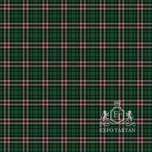 Men's Red Deer City Tartan Swatch showing a deep green and black sett, vividly intersected by red bands bordered with fine white lines