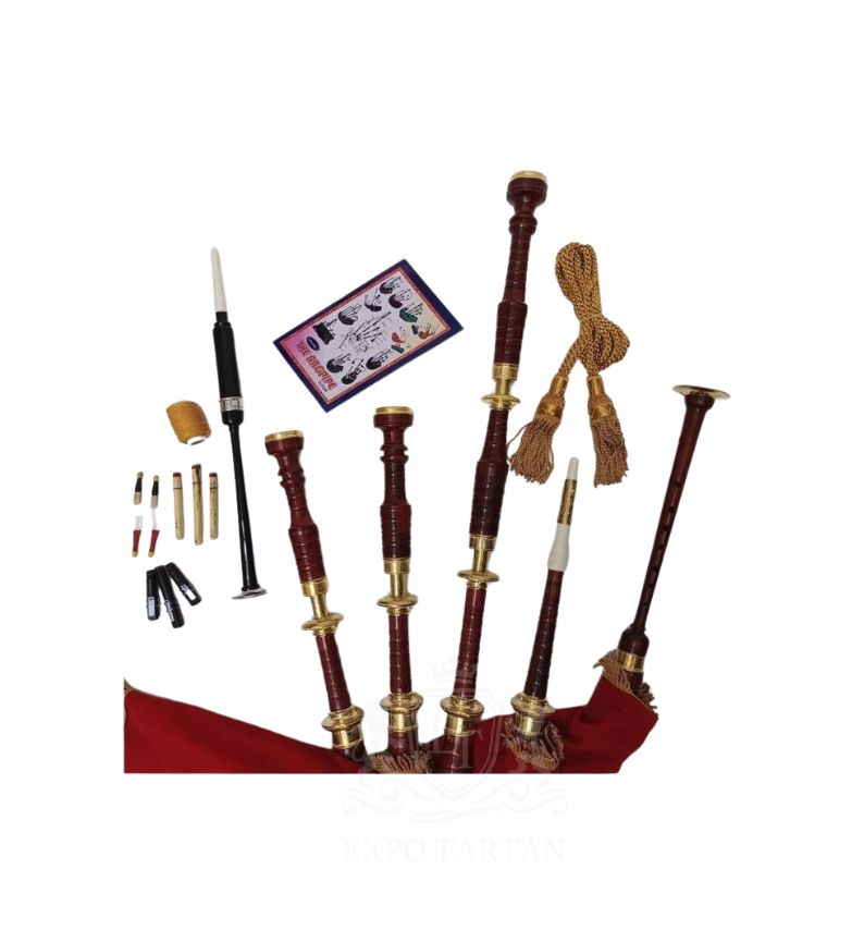 Red Velvet Bagpipe Set Brown & Gold Finish With Hard Case