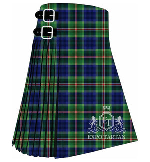 Men's Reid Mill City Tartan Kilt showing traditional knife pleats in a river blue and forest green sett, intersected by dark bands and a crimson and white overcheck