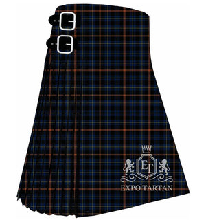 Men's City of Rome Tartan Kilt showing traditional knife pleats in a deep black and navy blue sett, intersected by bright orange bands and fine yellow lines