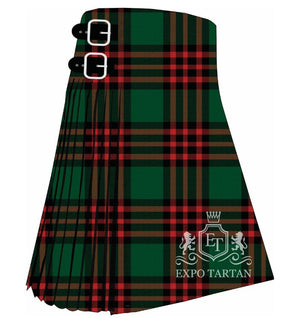 Men's Romsdal Norway Ancient Tartan Kilt showing traditional knife pleats in a rich forest green sett, intersected by thick black bands and prominent red lines