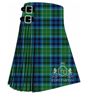 Men's Ronald McDonald House Charities Tartan Kilt showing traditional knife pleats in a bright green and royal blue sett, intersected by dark bands and fine yellow lines