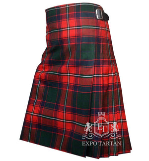 Men's Roxburgh Red Tartan Kilt showing traditional knife pleats and black leather side straps in a vibrant red sett, intricately intersected by forest green blocks and crisp white overcheck