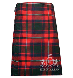 Men's Roxburgh Red Tartan Kilt showing traditional knife pleats and black leather side straps in a vibrant red sett, intricately intersected by forest green blocks and crisp white overcheck