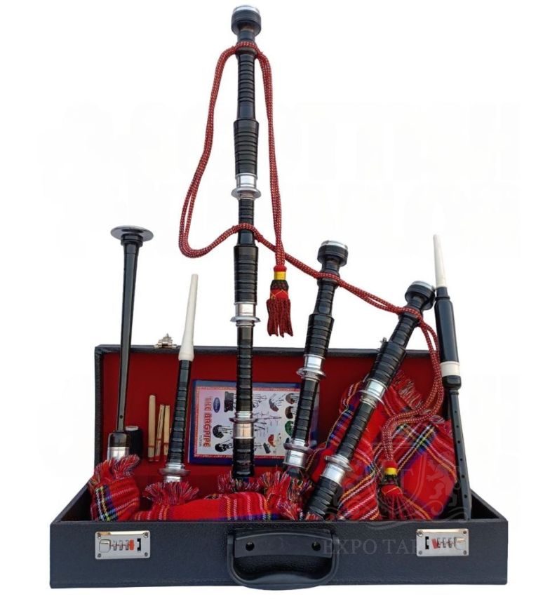 Royal Stewart Tartan Black With Silver Finish Bagpipe Set With Hard Case