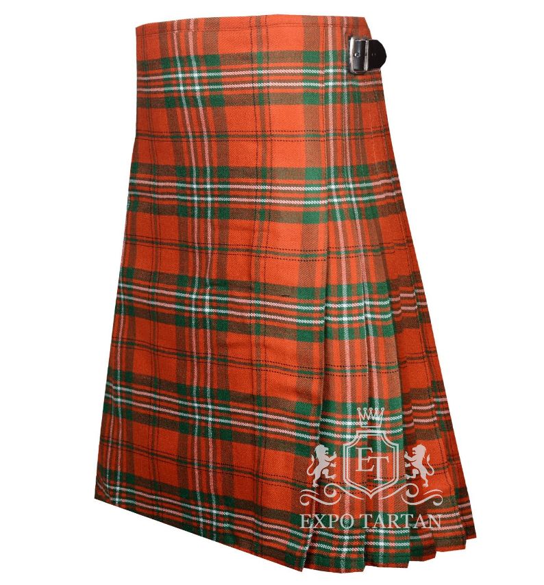 Men's Scott Red Tartan Kilt showing traditional knife pleats and black leather side straps in a vibrant red sett, intricately intersected by forest green bands and crisp white overchecks