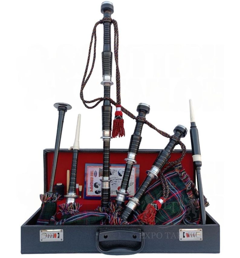 Scottish National Tartan Black With Silver Finish Bagpipe Set With Hard Case