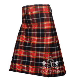 Men's Sens Modern Tartan Kilt showing traditional knife pleats and black leather side straps in a vibrant red and black sett, intricately intersected by bright yellow and crisp white grid overchecks