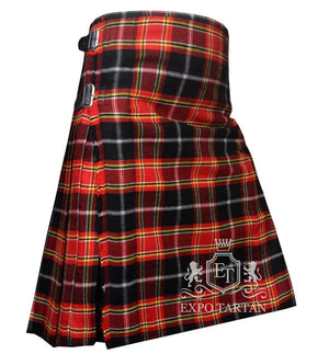 Men's Sens Modern Tartan Kilt showing traditional knife pleats and black leather side straps in a vibrant red and black sett, intricately intersected by bright yellow and crisp white grid overchecks
