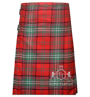 Men's Seton Modern Tartan Kilt showing traditional knife pleats and black leather side straps in a bright red sett, intricately intersected by dark green bands and crisp white overcheck