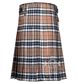 Men's Thomson Camel Tartan Kilt showing traditional knife pleats and leather side straps in a warm camel sett, intricately intersected by black and white bands and fine red overchecks