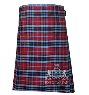 Men's Thomson Hunting Tartan Kilt showing traditional knife pleats and black leather side straps in a red sett, intricately intersected by black bands and light blue overchecks