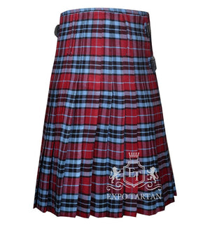 Men's Thomson Hunting Tartan Kilt showing traditional knife pleats and black leather side straps in a red sett, intricately intersected by black bands and light blue overchecks