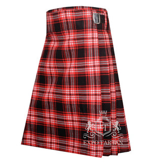 Men's Tweedside Modern Tartan Kilt showing traditional knife pleats and black leather side straps in a vibrant red and black sett, intricately intersected by crisp white grid overchecks