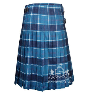 Men's U.S. Navy Tartan Kilt showing traditional knife pleats and leather side straps in a maritime blue and navy sett, intersected by crisp white grid lines and subtle red overchecks.