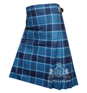 Men's U.S. Navy Tartan Kilt showing traditional knife pleats and leather side straps in a maritime blue and navy sett, intersected by crisp white grid lines and subtle red overchecks.