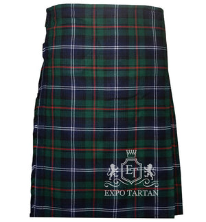 Men's Urquhart Modern Tartan Kilt showing traditional knife pleats and black leather side straps in a green and dark navy sett, intricately intersected by bright red and crisp white overcheck