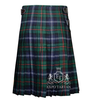 Men's Urquhart Modern Tartan Kilt showing traditional knife pleats and black leather side straps in a green and dark navy sett, intricately intersected by bright red and crisp white overcheck