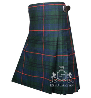 Men's Walker Hunting Tartan Kilt showing traditional knife pleats and leather side straps in a forest green and navy blue sett, intersected by dark lines and bright red overcheck