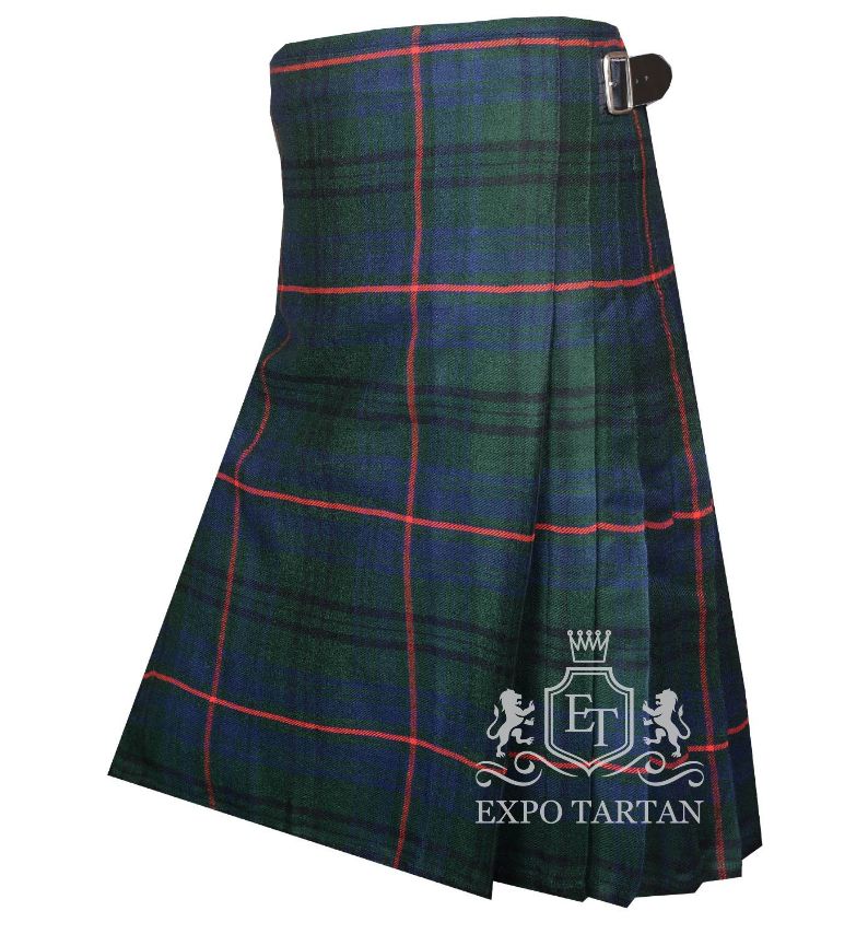 Men's Walker Hunting Tartan Kilt showing traditional knife pleats and leather side straps in a forest green and navy blue sett, intersected by dark lines and bright red overcheck