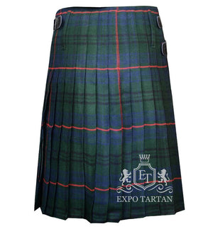 Men's Walker Hunting Tartan Kilt showing traditional knife pleats and leather side straps in a forest green and navy blue sett, intersected by dark lines and bright red overcheck