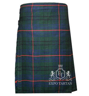 Men's Walker Hunting Tartan Kilt showing traditional knife pleats and leather side straps in a forest green and navy blue sett, intersected by dark lines and bright red overcheck