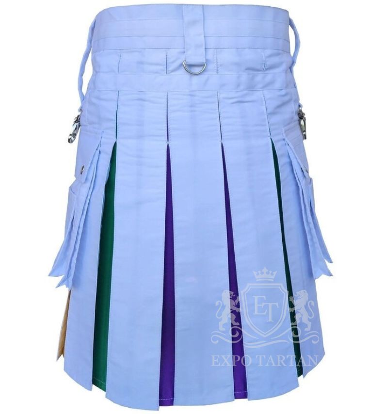 White Hybrid Utility Kilt with Rainbow Pleats Pride Festival Fashion