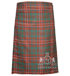 Men's Wilson Ancient Tartan Kilt showing traditional knife pleats and side straps in a weathered red and green sett, intricately intersected by blue and crisp white overchecks