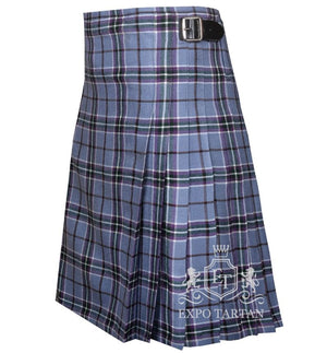 Men's World Peace Tartan Kilt showing traditional knife pleats and side straps in a soft light blue sett, intricately intersected by purple bands and clean white grid overchecks