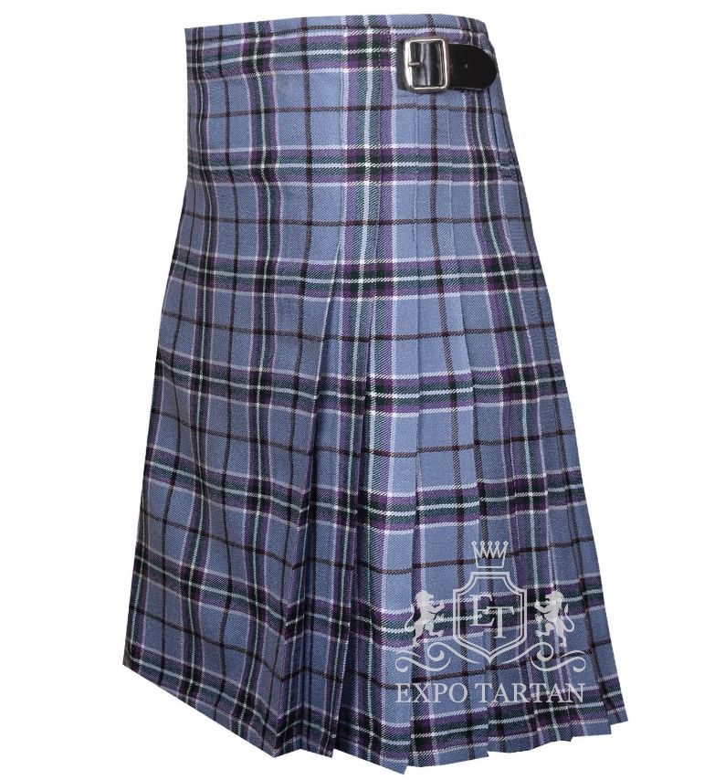 Men's World Peace Tartan Kilt showing traditional knife pleats and side straps in a soft light blue sett, intricately intersected by purple bands and clean white grid overchecks