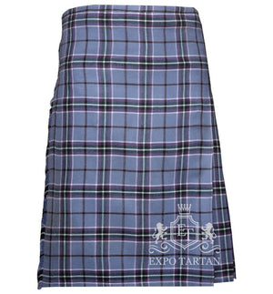 Men's World Peace Tartan Kilt showing traditional knife pleats and side straps in a soft light blue sett, intricately intersected by purple bands and clean white grid overchecks