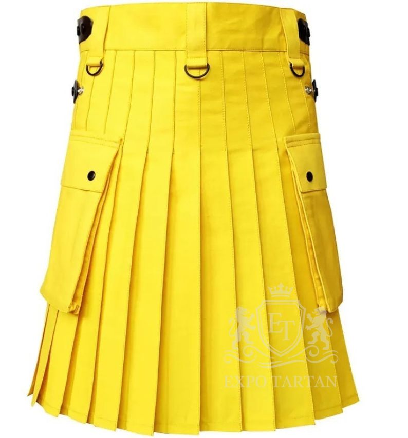 Yellow Cotton Utility Kilt Gothic Punk Leather Straps with Cargo Pocket