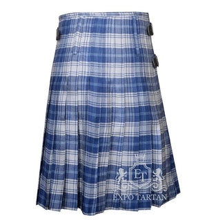 Men's Yorkshire Tartan Kilt showing traditional knife pleats and side straps in a royal blue and light blue sett, intricately intersected by clean white grid lines and overchecks