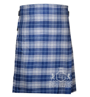 Men's Yorkshire Tartan Kilt showing traditional knife pleats and side straps in a royal blue and light blue sett, intricately intersected by clean white grid lines and overchecks