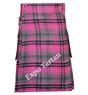 A pink and gray tartan kilt with black and white plaid lines, featuring a high waistband with metal snap buttons and side flap pockets.