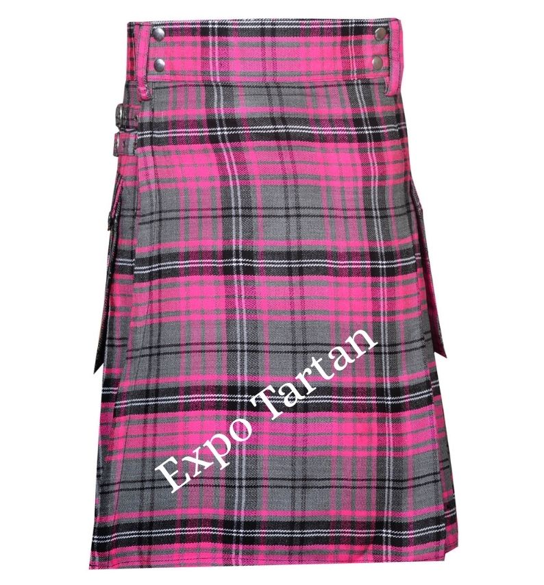 A pink and gray tartan kilt with black and white plaid lines, featuring a high waistband with metal snap buttons and side flap pockets.