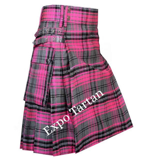 A pink and gray tartan kilt with a matching waist belt, displayed against a plain white background