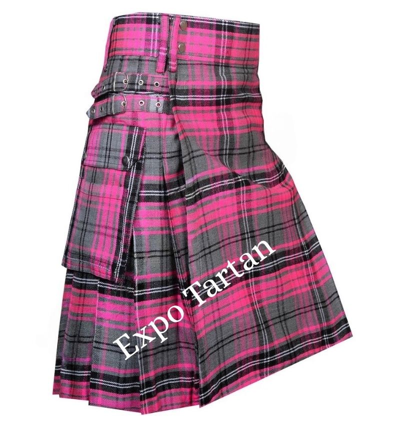A pink and gray tartan kilt with a matching waist belt, displayed against a plain white background